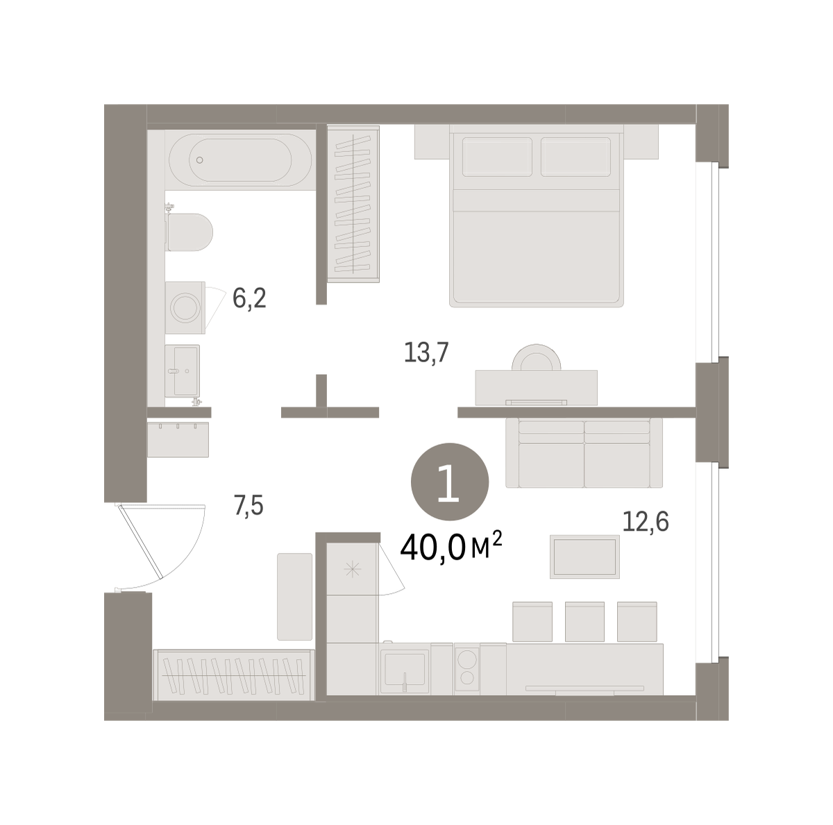 1-комнатная 40 м2 в ЖК Северный ветер корпус null этаж 2