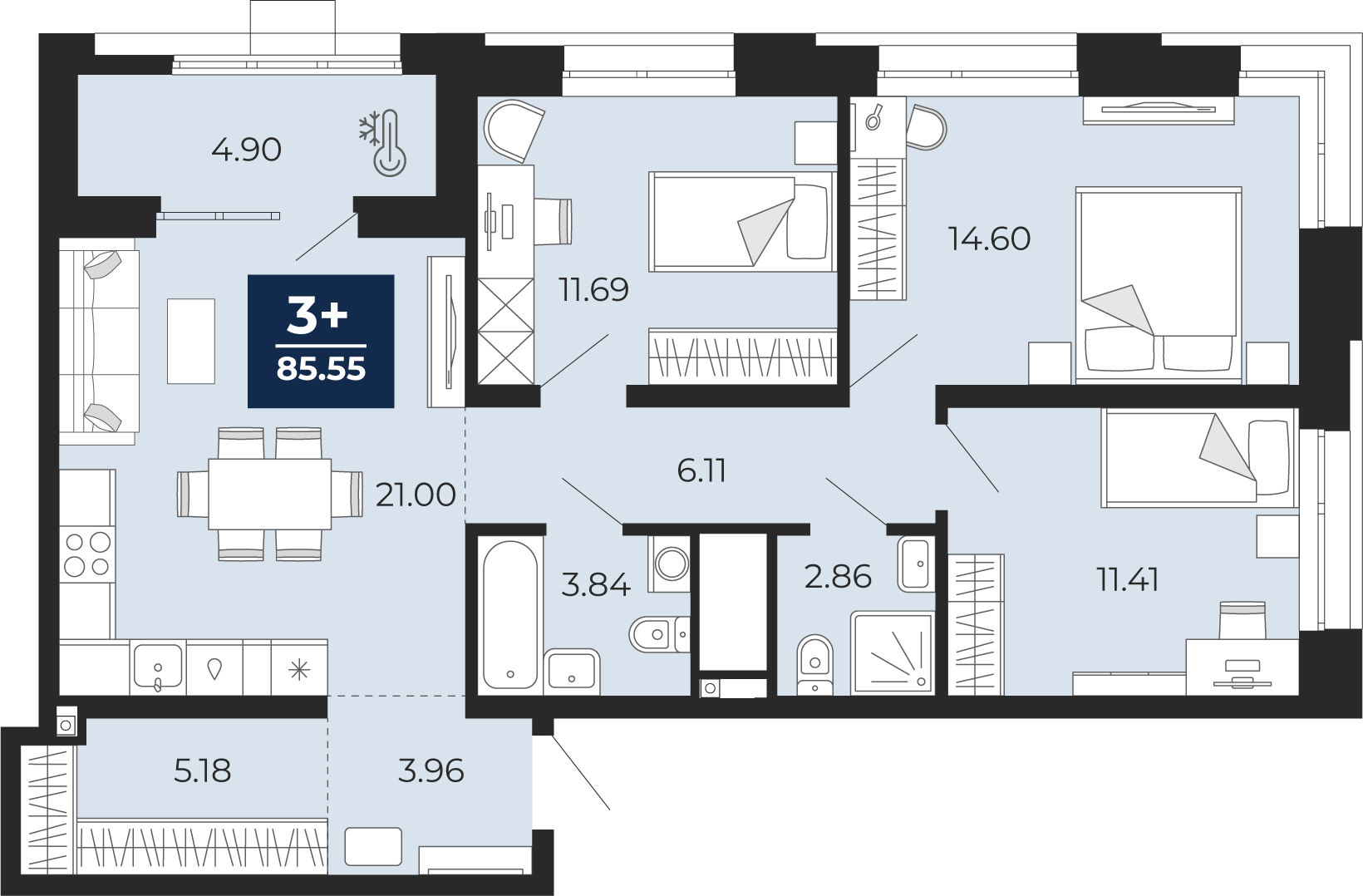 3-комнатная 80 м2 в ЖК Мириады корпус null этаж 3