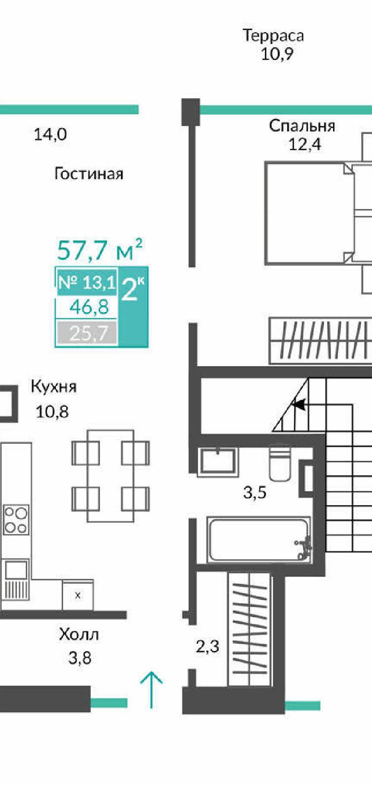 2-комнатная 57.7 м2 в ЖК undefined корпус null этаж 1
