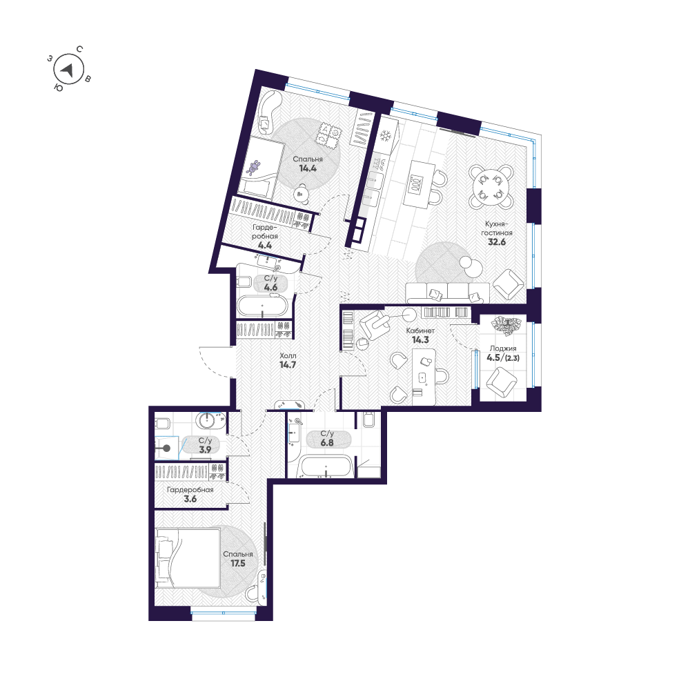 3-комнатная 119 м2 в ЖК ЛДМ корпус null этаж 3