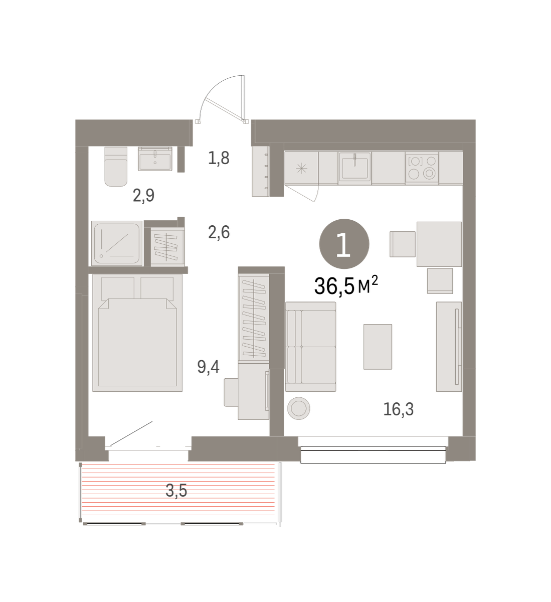 1-комнатная 36 м2 в ЖК Квартал Нефть корпус null этаж 3