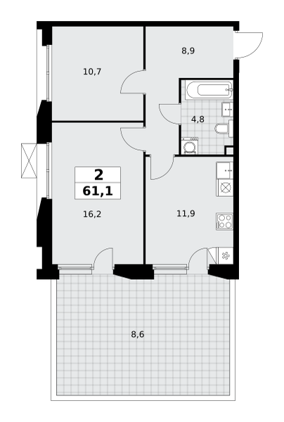 2-комнатная 60 м2 в ЖК Бунинские кварталы корпус null этаж 2
