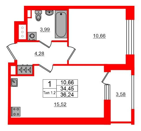 1-комнатная 34 м2 в ЖК Setl Ривьера корпус null этаж 8