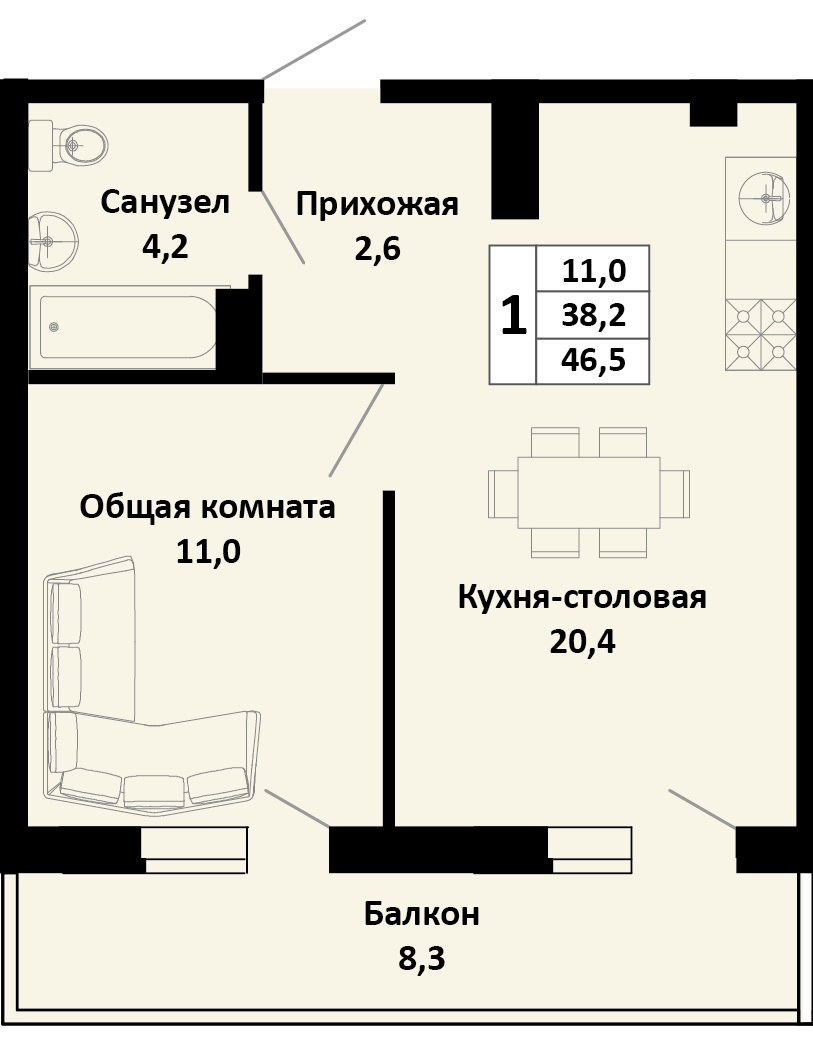 1-комнатная 46 м2 в ЖК Южные соседи корпус null этаж 4