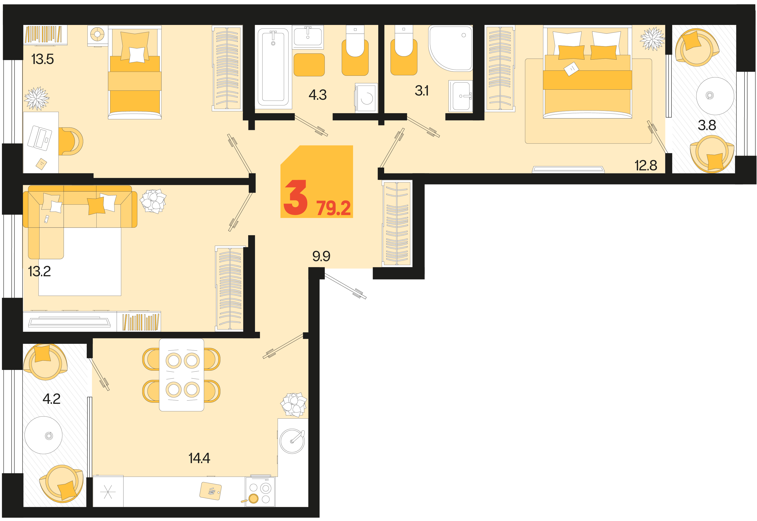 3-комнатная 79 м2 в ЖК Первое место корпус null этаж 2