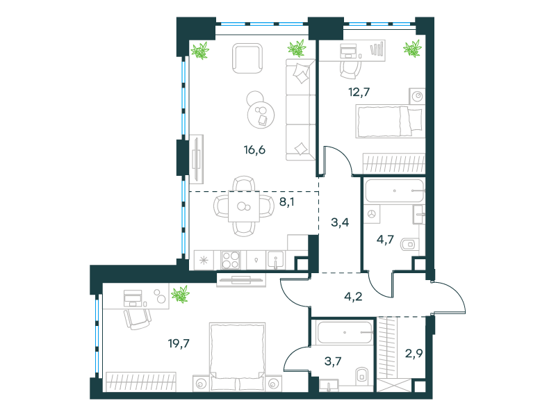 3-комнатная 76 м2 в ЖК Левел Южнопортовая корпус null этаж 13