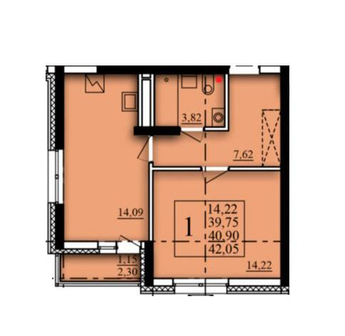 1-комнатная 40 м2 в ЖК Паруса корпус null этаж 9