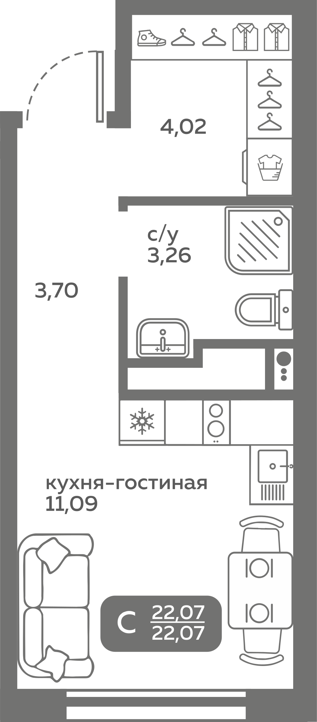 Студия 22 м2 в ЖК Меридиан Слобода корпус null этаж 6