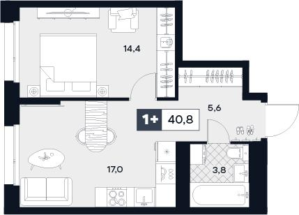 1-комнатная 40 м2 в ЖК Юту корпус null этаж 13