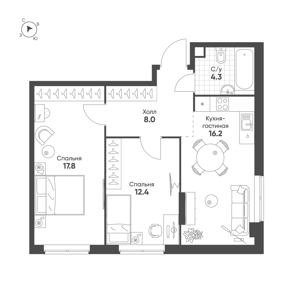 2-комнатная 58 м2 в ЖК Sokolinn Park корпус null этаж 2