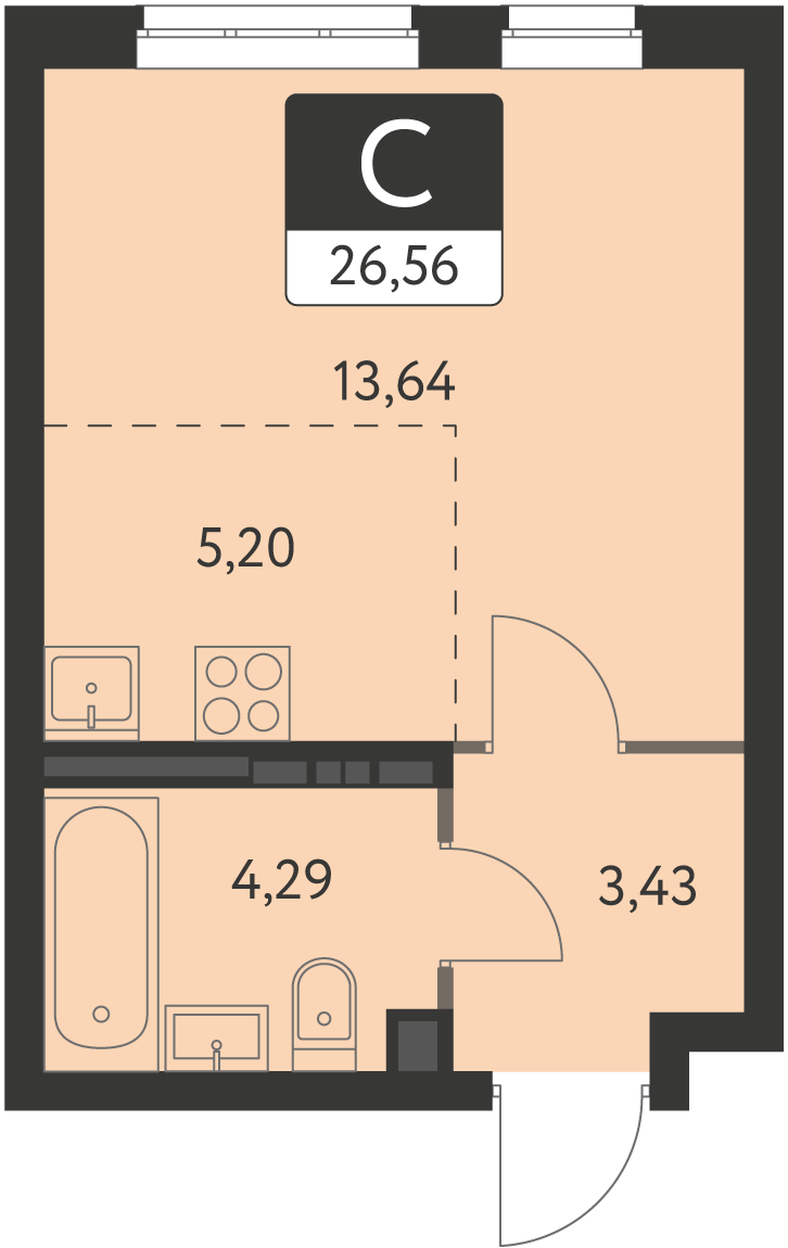 1-комнатная 26 м2 в ЖК Спутник-1 корпус null этаж 6