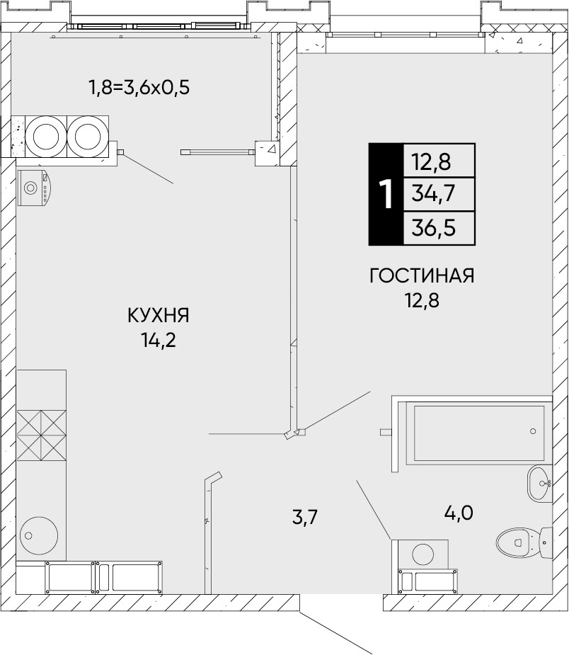 1-комнатная 36 м2 в ЖК Левобережье корпус null этаж 21
