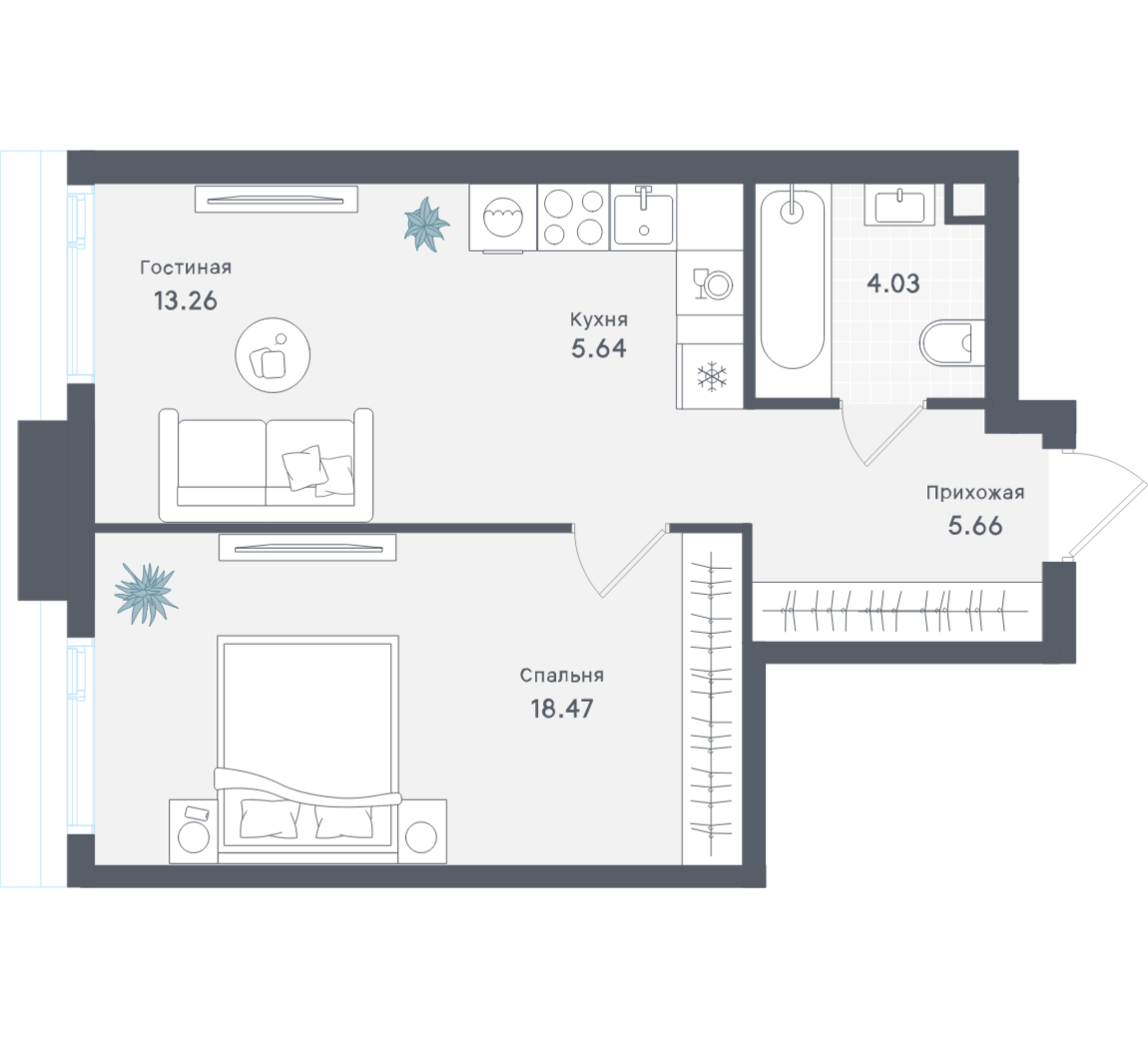 1-комнатная 47 м2 в ЖК Solos корпус null этаж 40