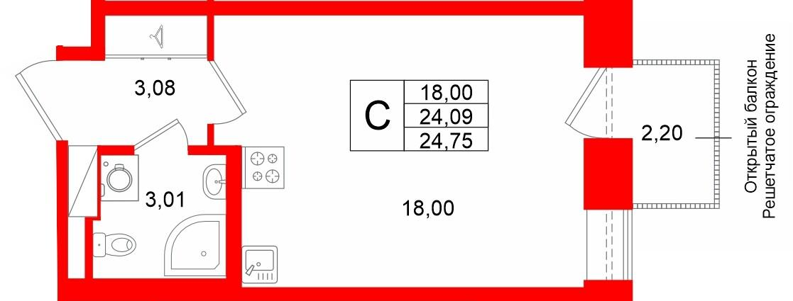 Студия 24 м2 в ЖК Аристократ корпус null этаж 3