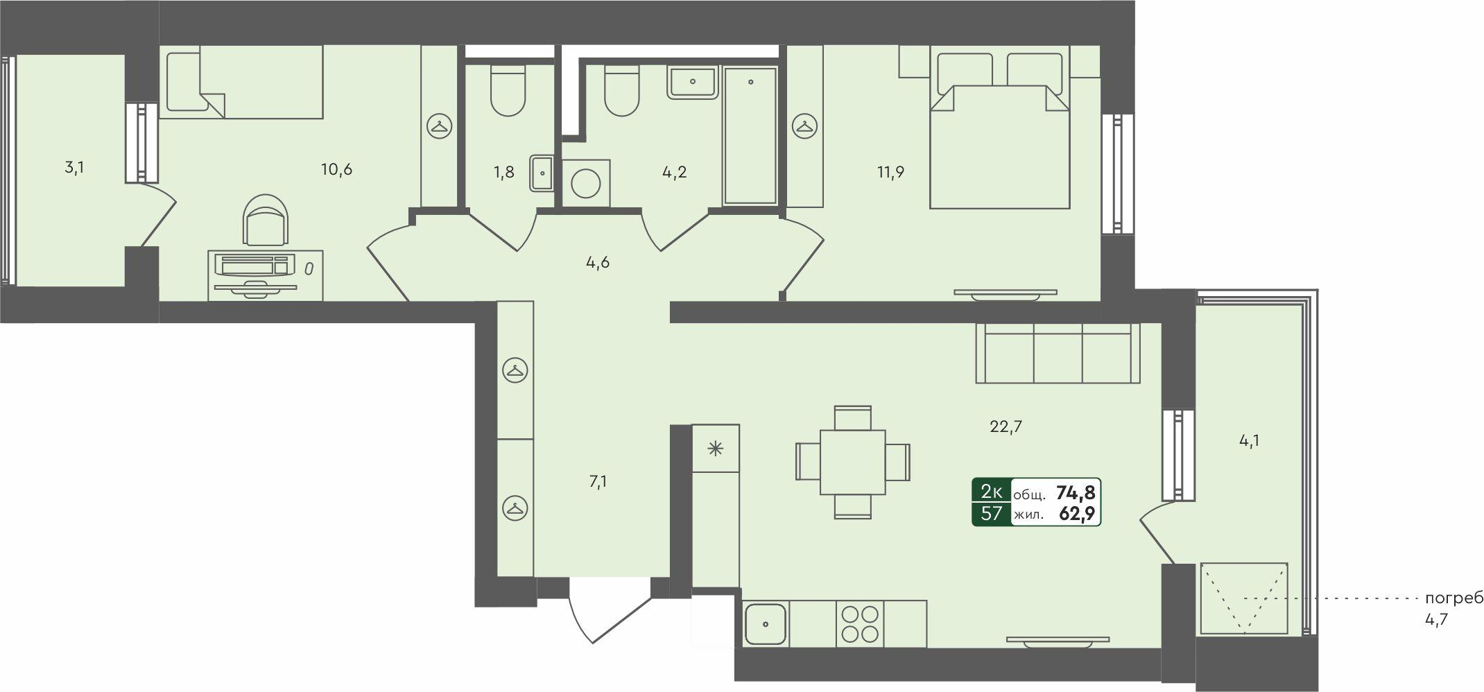 2-комнатная 74 м2 в ЖК Ритмы корпус null этаж 1