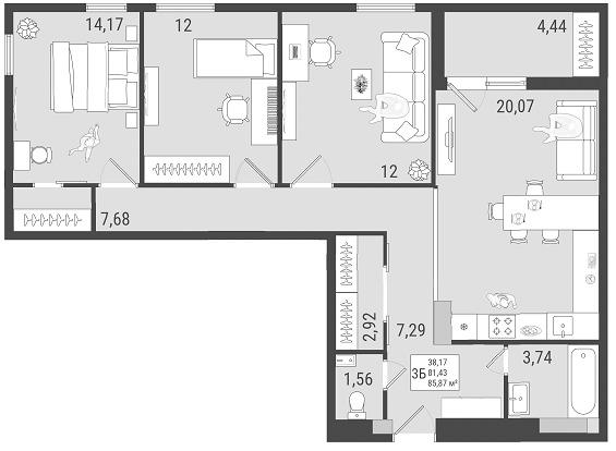 3-комнатная 83 м2 в ЖК Юго-Западный корпус null этаж 11
