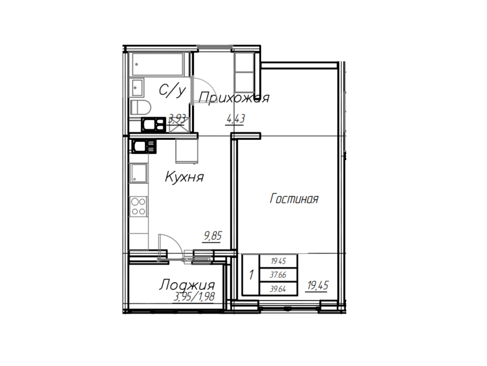1-комнатная 39.6 м2 в ЖК undefined корпус null этаж 8