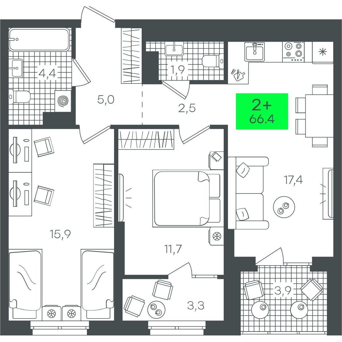 2-комнатная 66 м2 в ЖК Гранд Квартал корпус null этаж 14