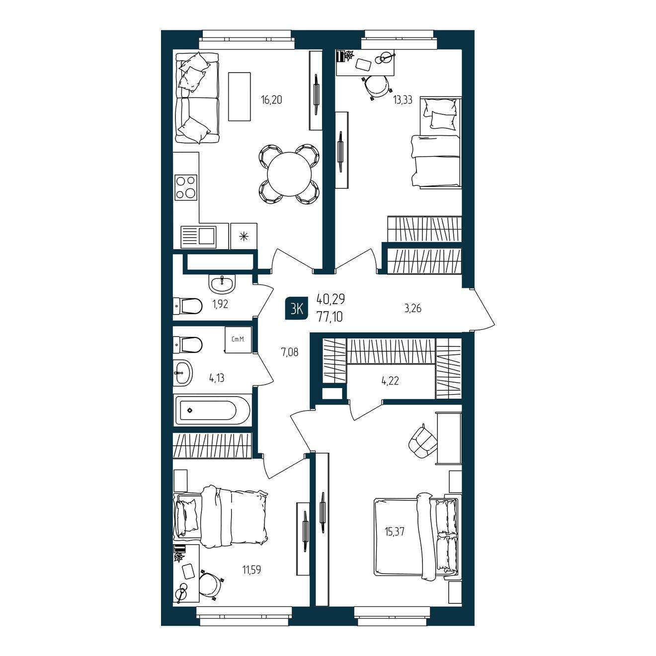 3-комнатная 77 м2 в ЖК Квартал Мятный корпус null этаж 6