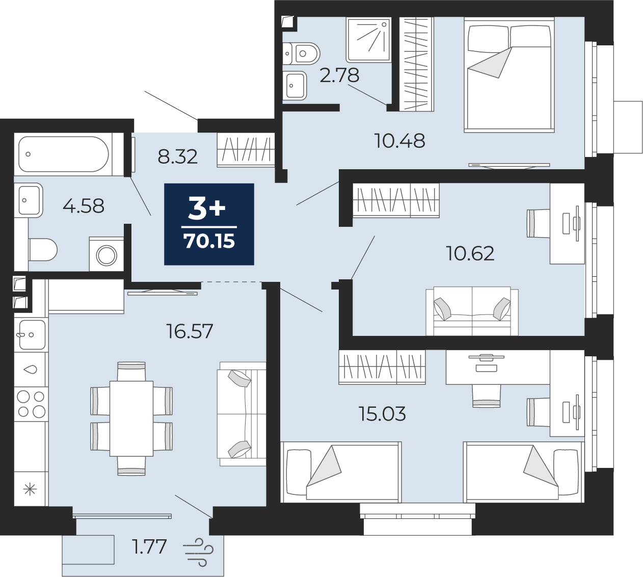 3-комнатная 68 м2 в ЖК Беринг корпус null этаж 2