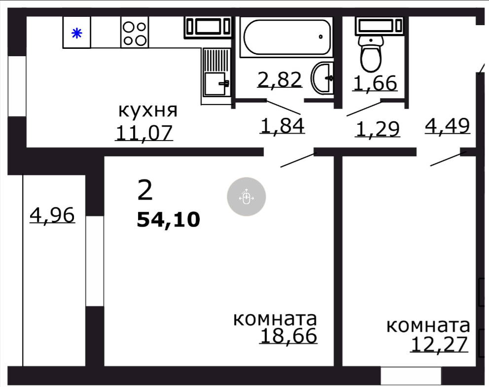 2-комнатная 54.1 м2 в ЖК undefined корпус null этаж 8