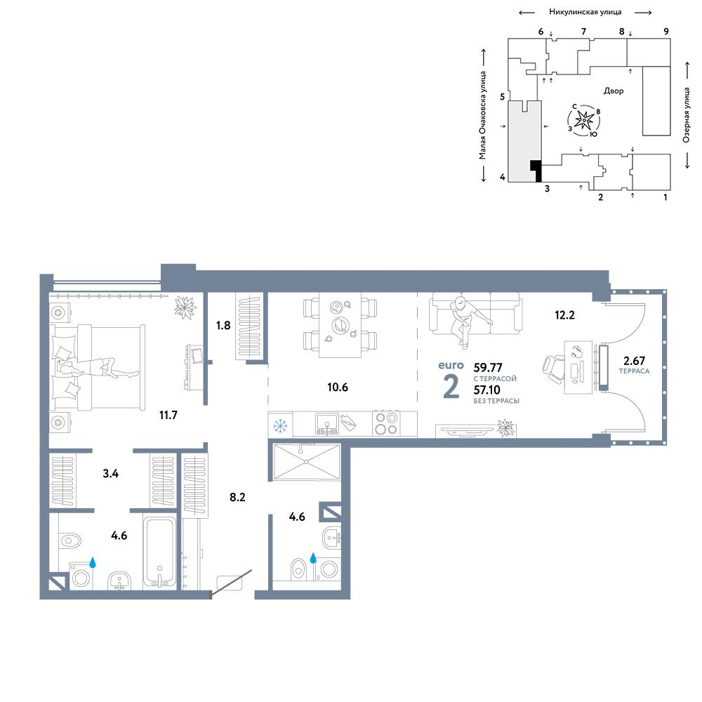 2-комнатная 62 м2 в ЖК Страна.Озёрная корпус null этаж 8