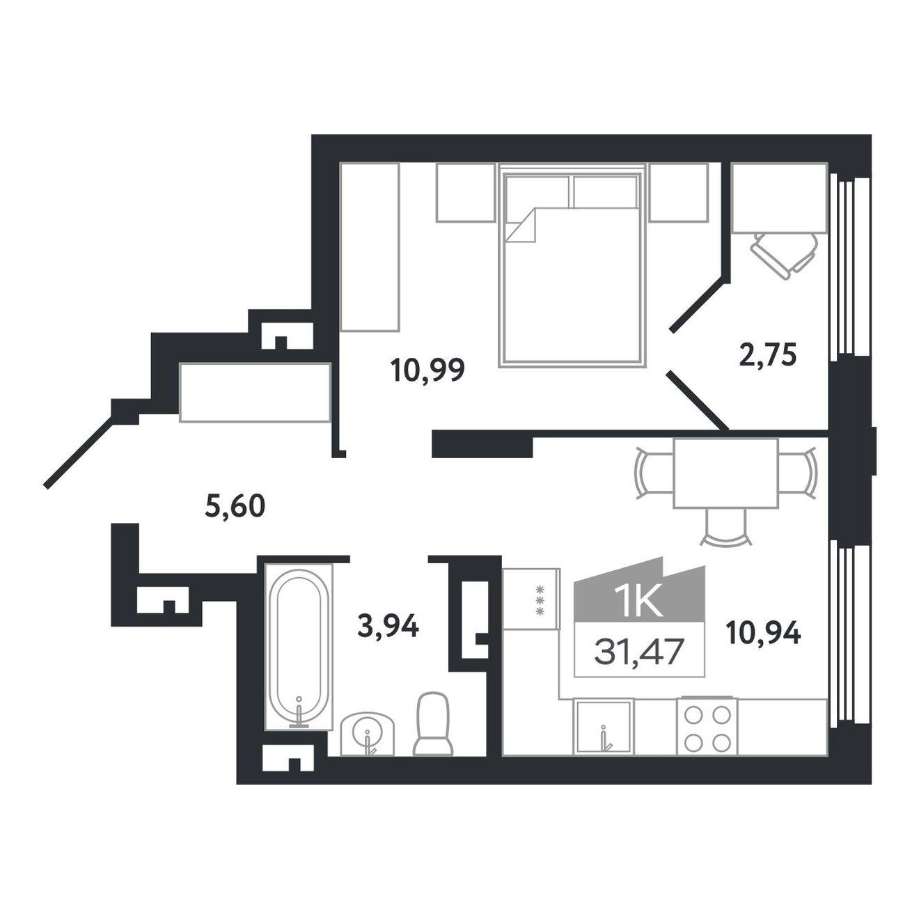 1-комнатная 31 м2 в ЖК Квартал 1604 корпус null этаж 11