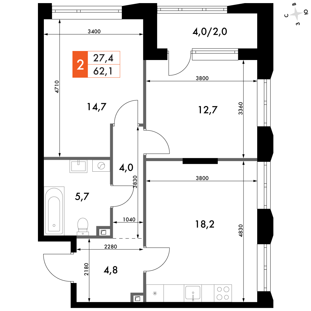 2-комнатная 62 м2 в ЖК Фордевинд корпус null этаж 13
