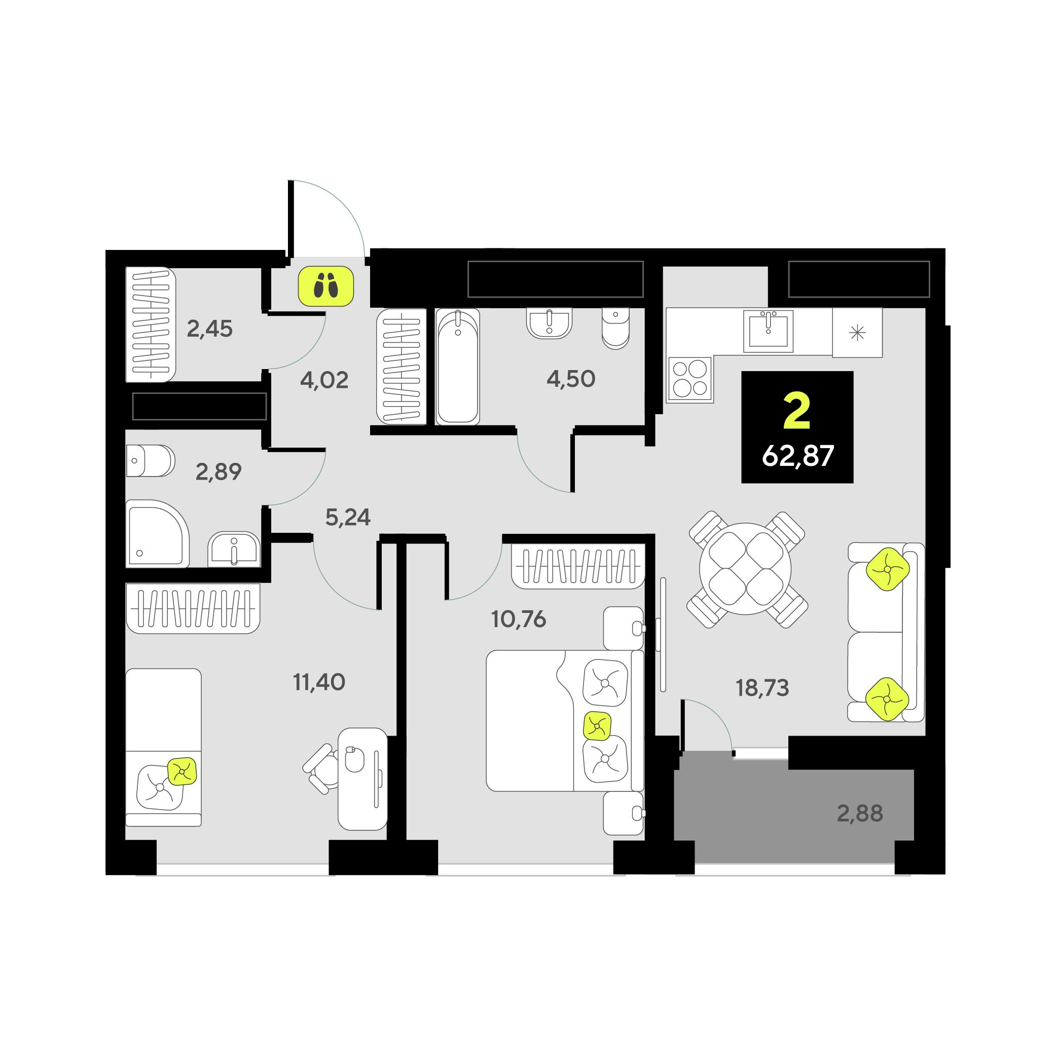 2-комнатная 62 м2 в ЖК Мотивы корпус null этаж 7