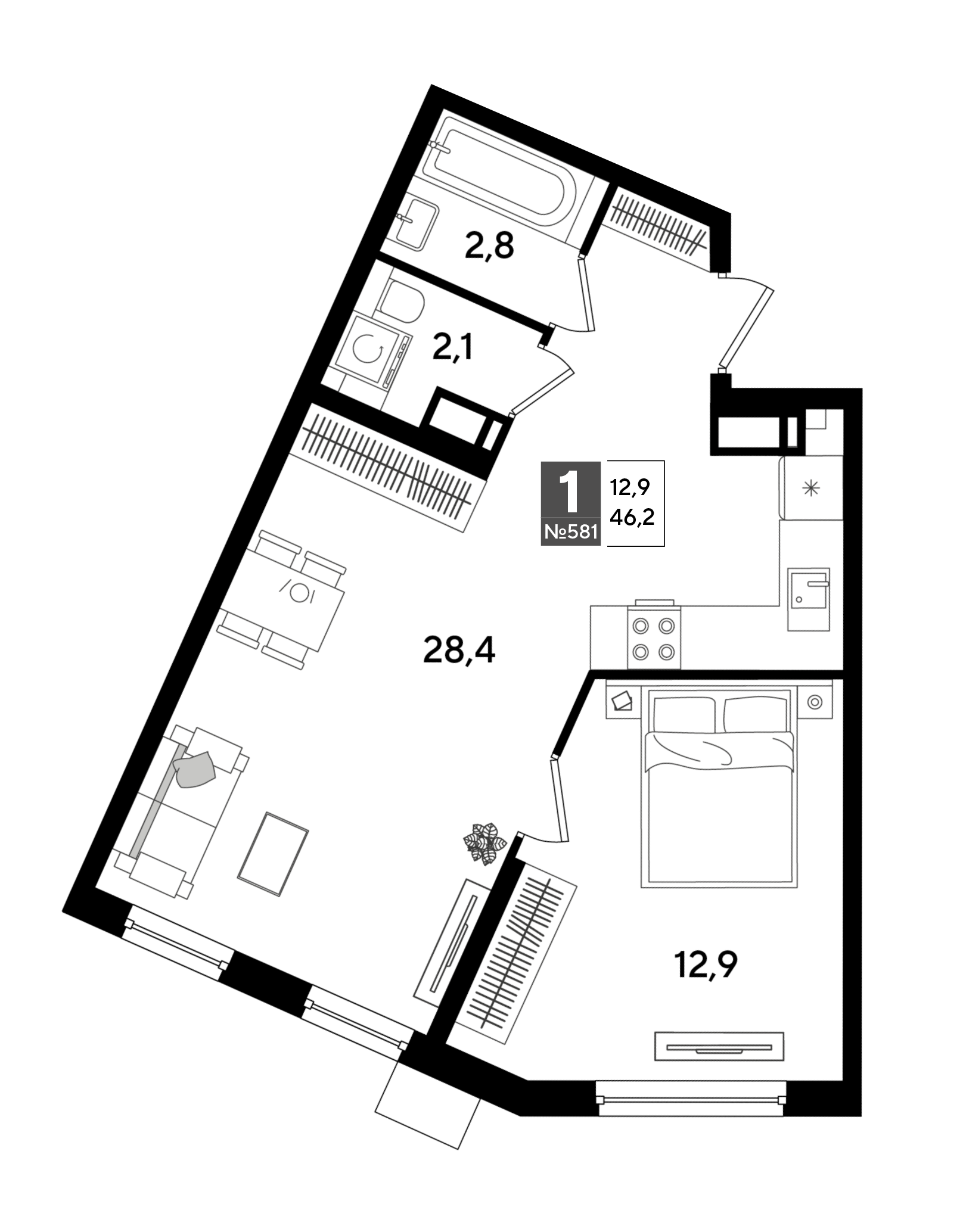 1-комнатная 45 м2 в ЖК Догма Парк корпус null этаж 16