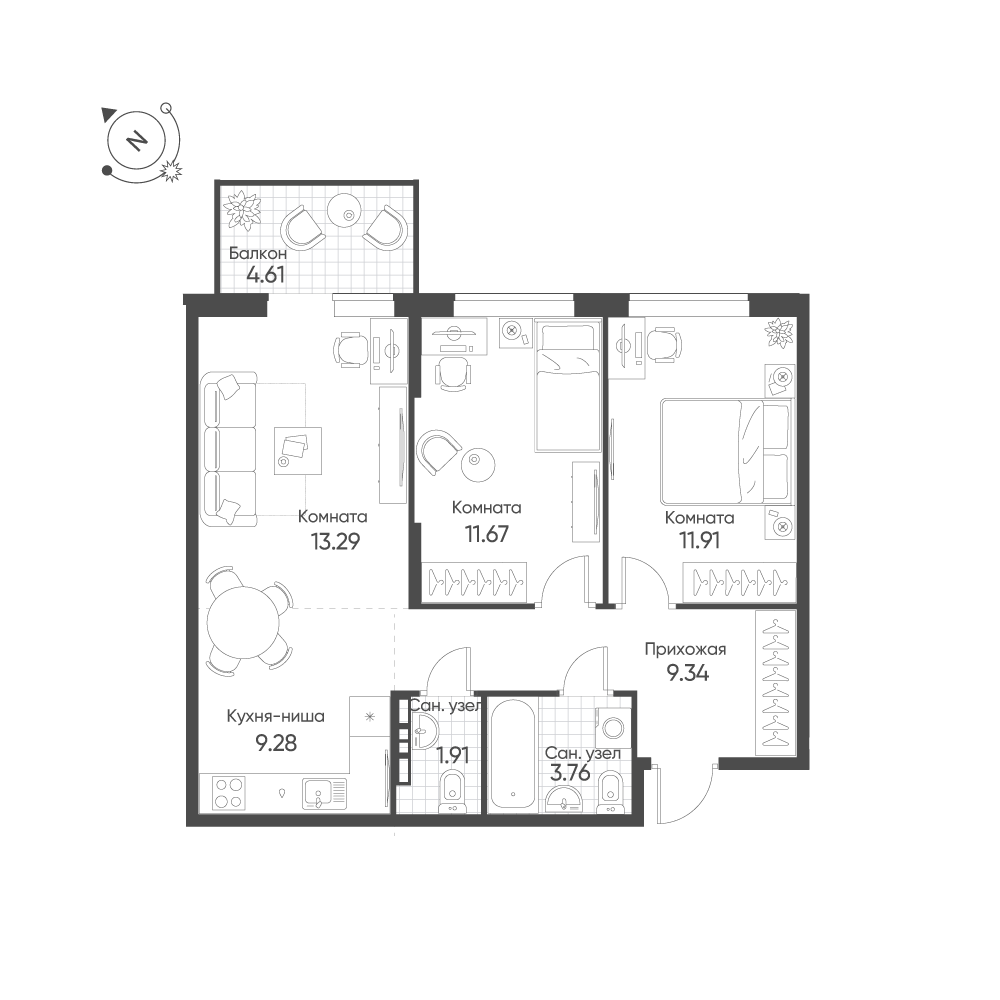 3-комнатная 62 м2 в ЖК Балтым-Парк корпус null этаж 2