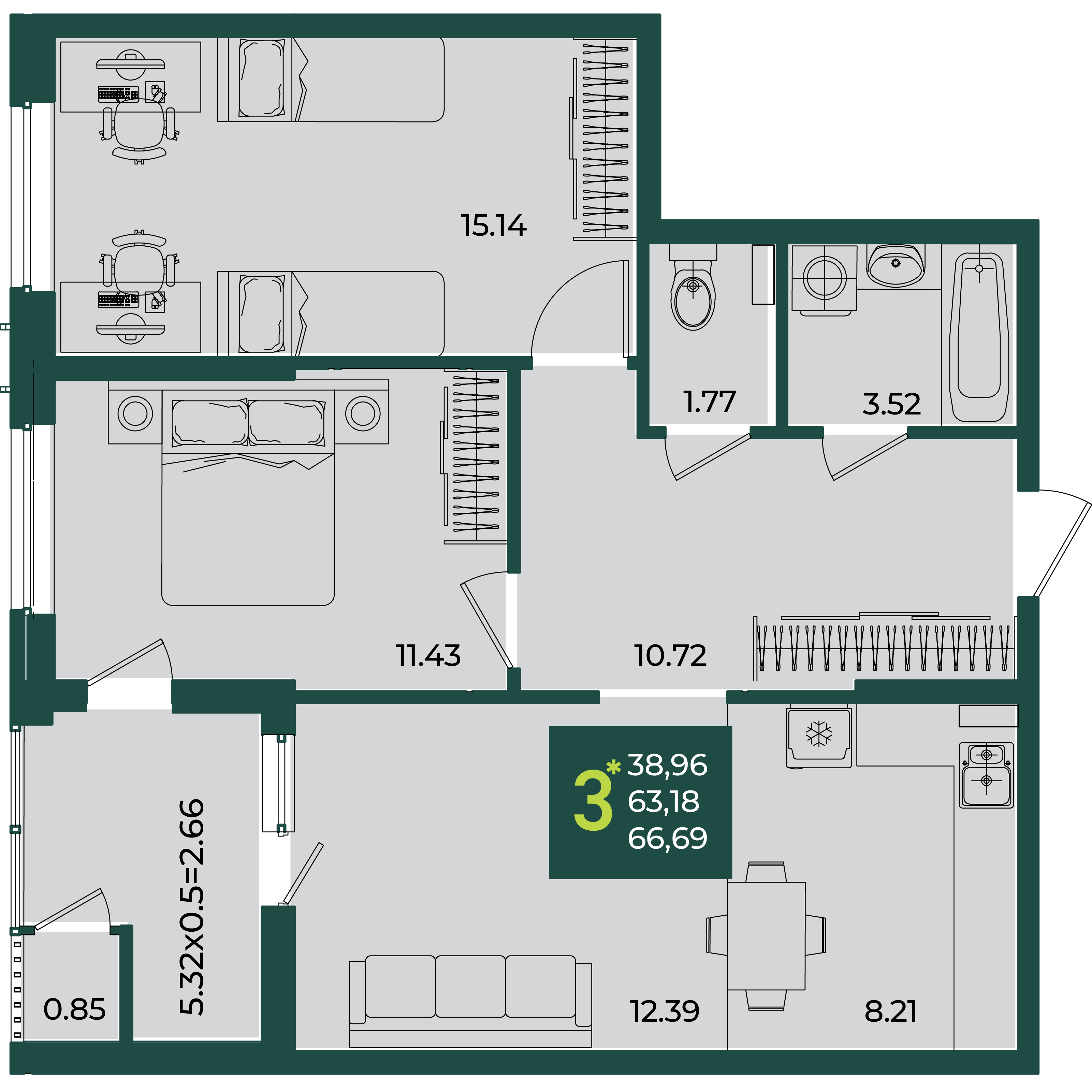 3-комнатная 66 м2 в ЖК Образцово корпус null этаж 2