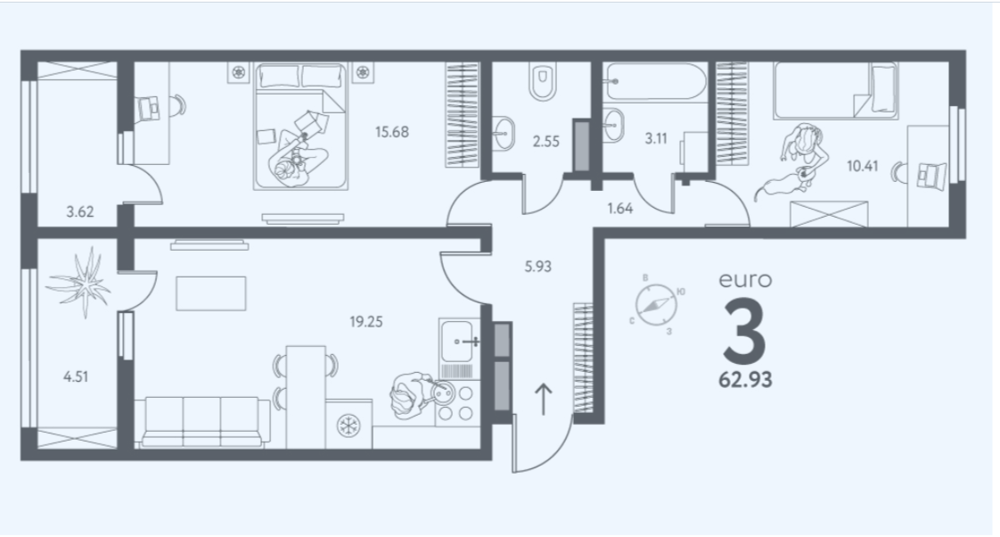 2-комнатная 62.9 м2 в ЖК undefined корпус null этаж 6