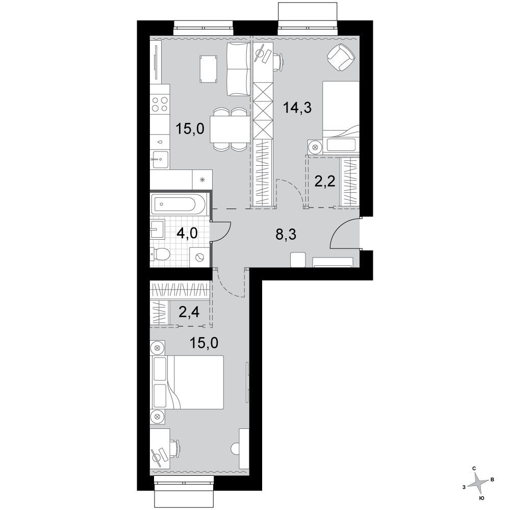 2-комнатная 61 м2 в ЖК Дубровицы Клаб корпус null этаж 2