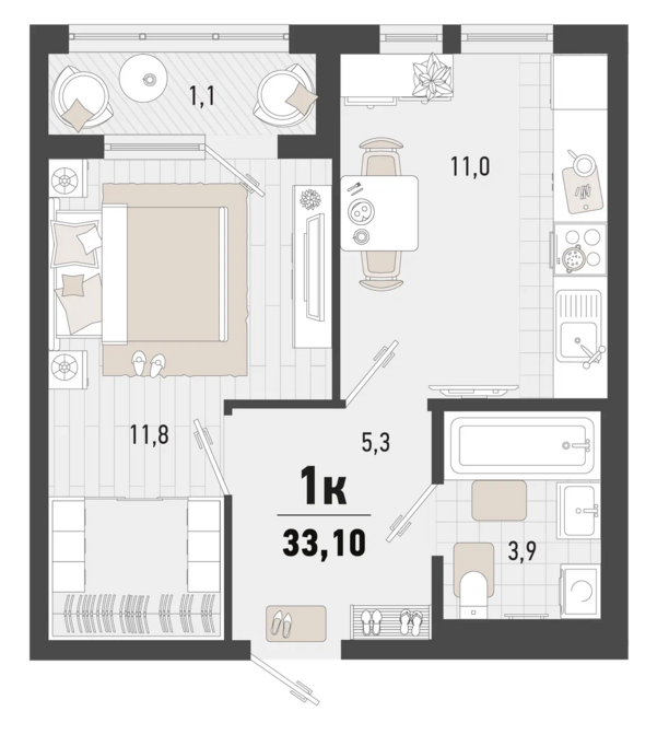 1-комнатная 33.1 м2 в ЖК undefined корпус null этаж 4