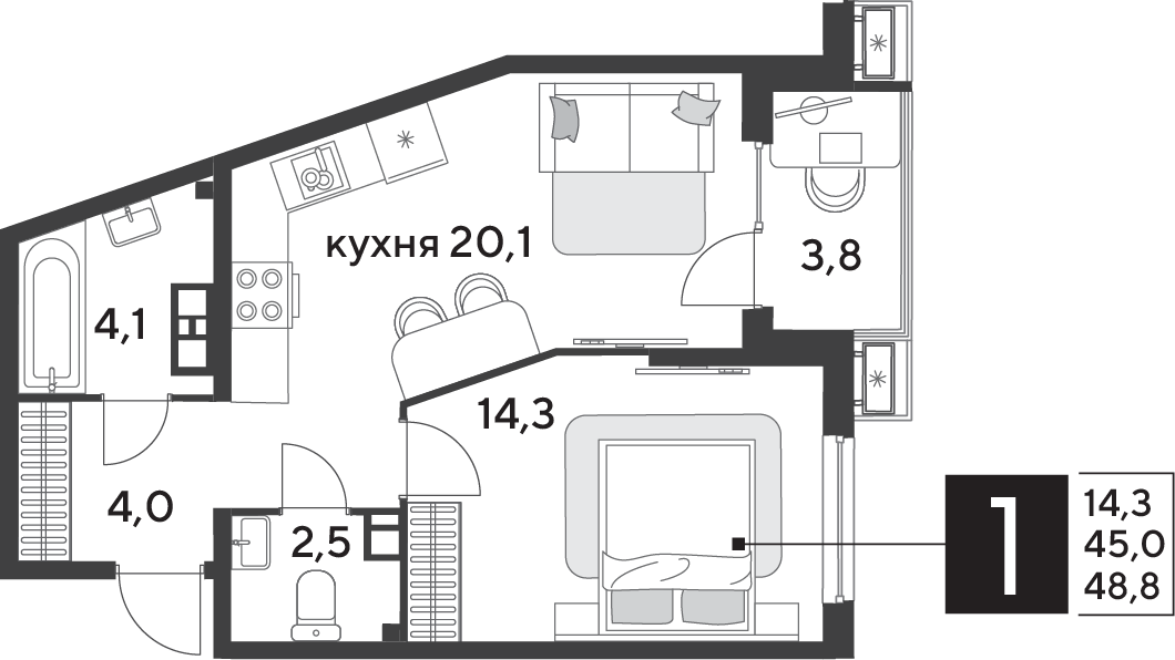 1-комнатная 49 м2 в ЖК Парк Победы 2 корпус null этаж 4