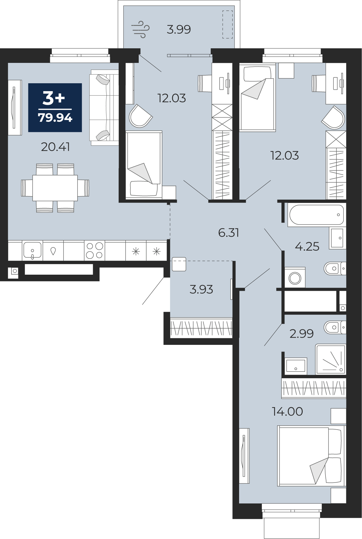 3-комнатная 75 м2 в ЖК Мириады корпус null этаж 11