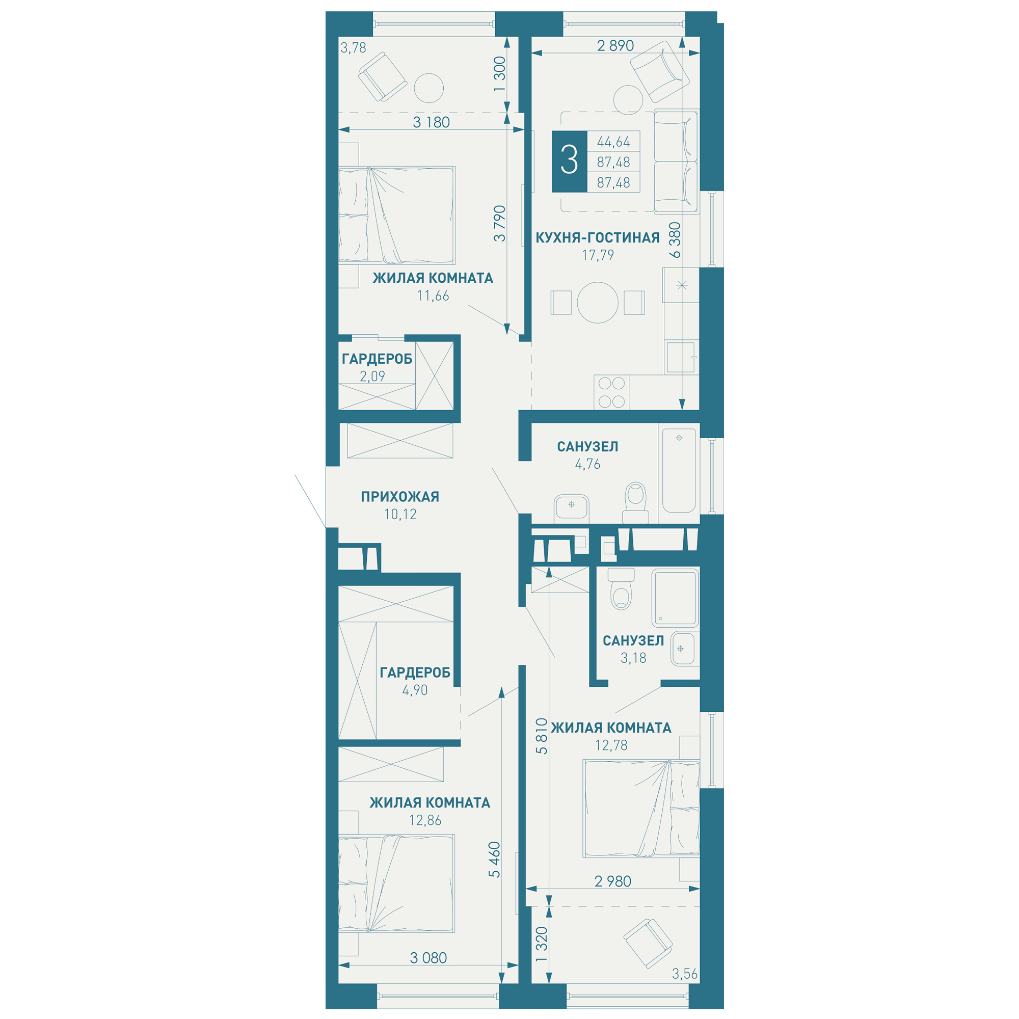 3-комнатная 91 м2 в ЖК ИНАЧЕ в Молодежном корпус null этаж 14