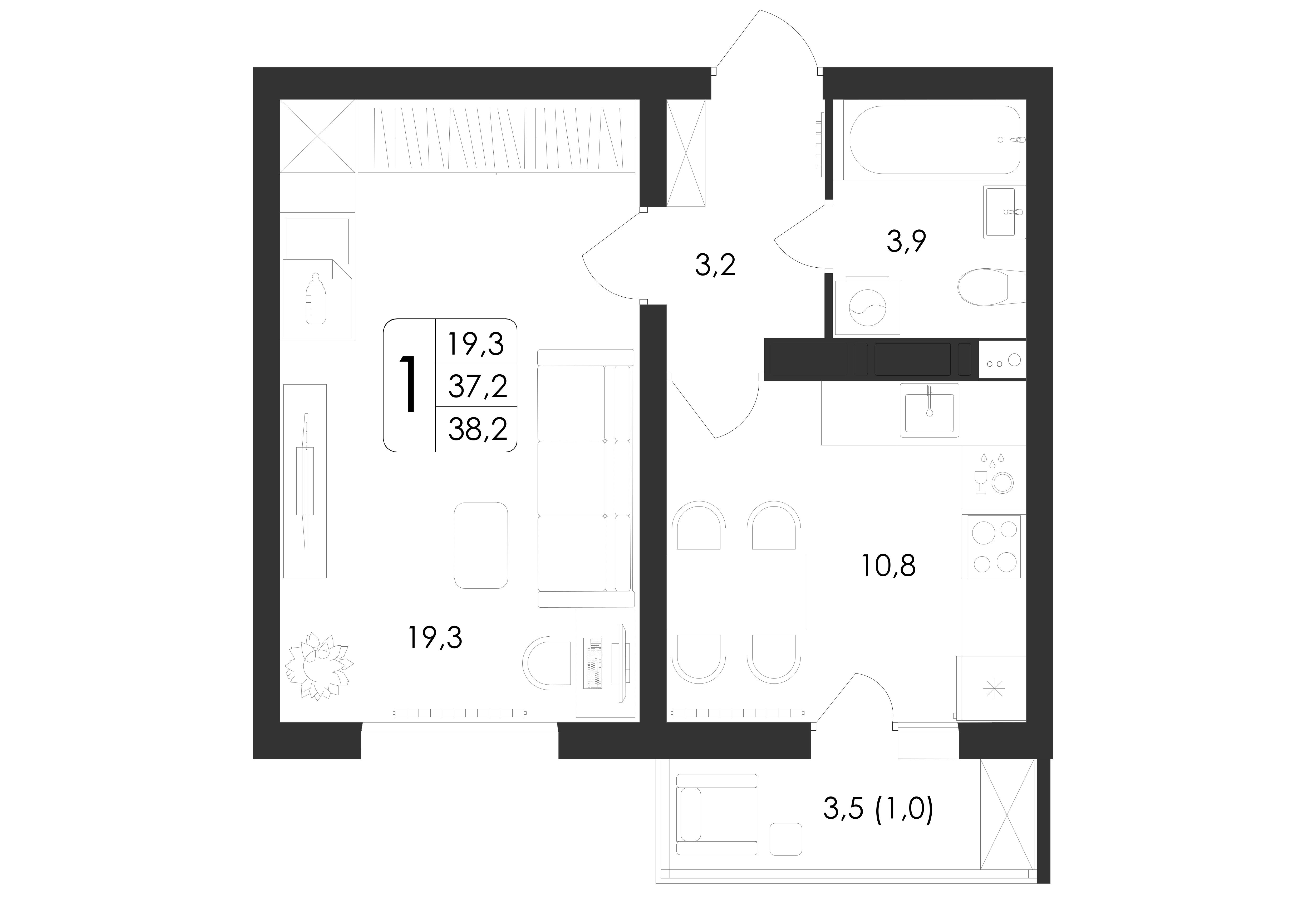 1-комнатная 38 м2 в ЖК Озерки корпус null этаж 12