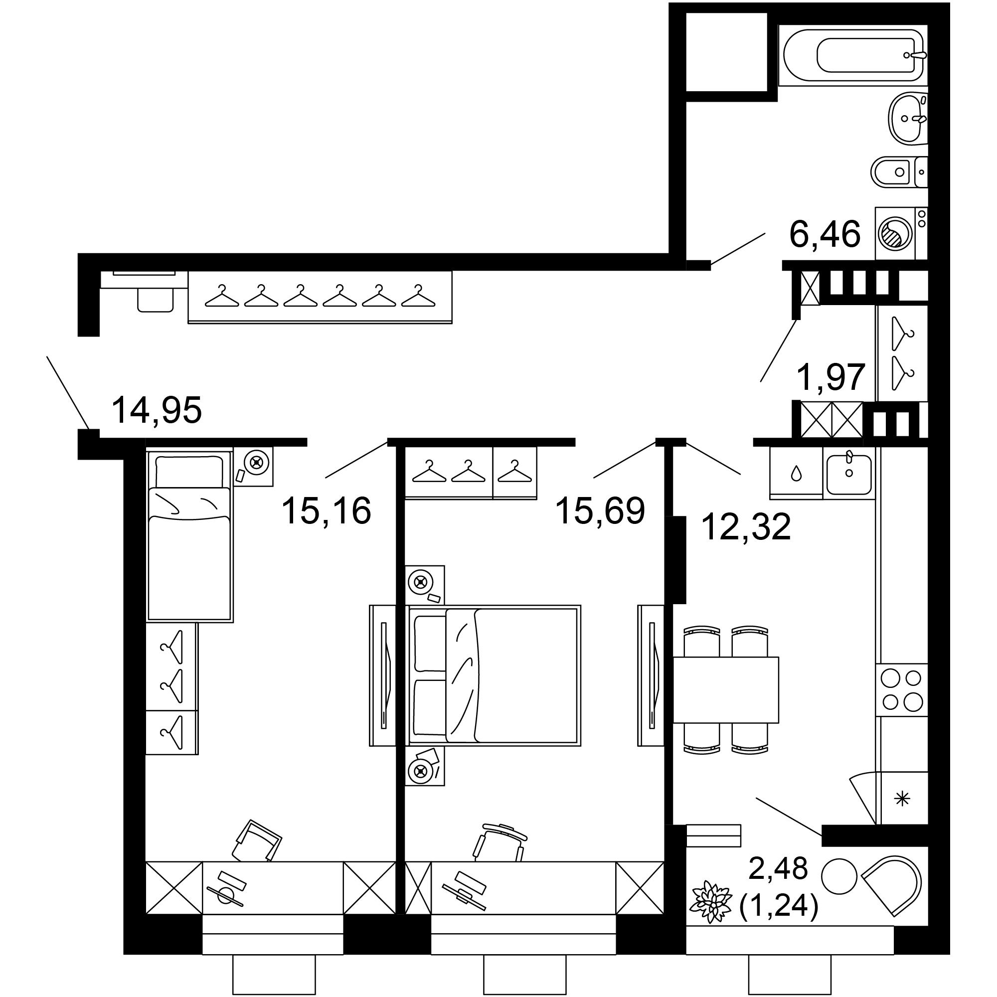 2-комнатная 68 м2 в ЖК 1799 корпус null этаж 5