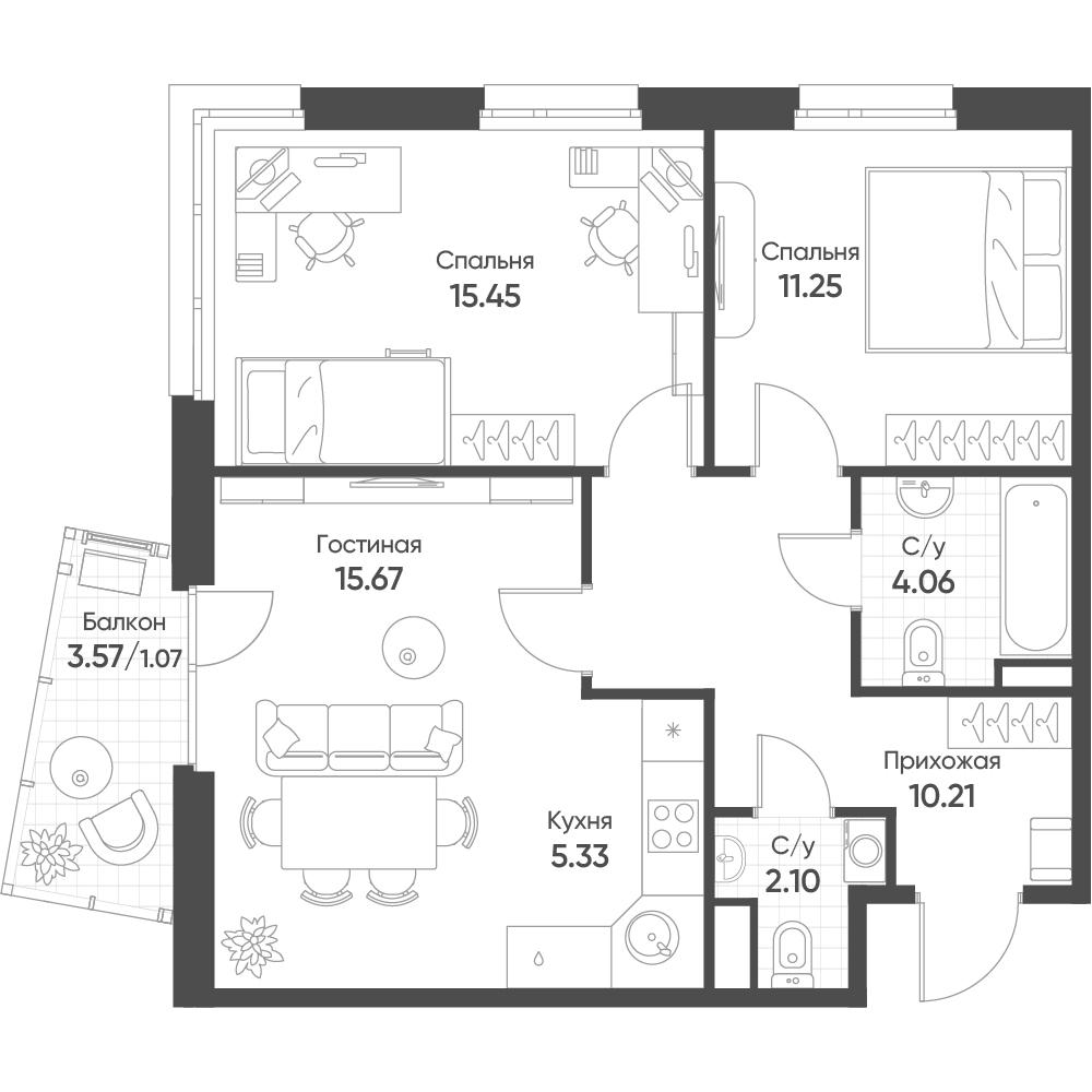 3-комнатная 65 м2 в ЖК Счастье в Казани корпус null этаж 13