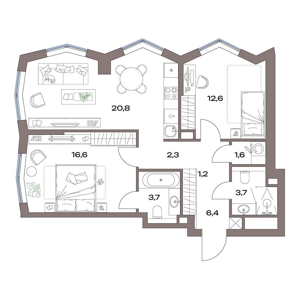 3-комнатная 68 м2 в ЖК Акценты корпус null этаж 14