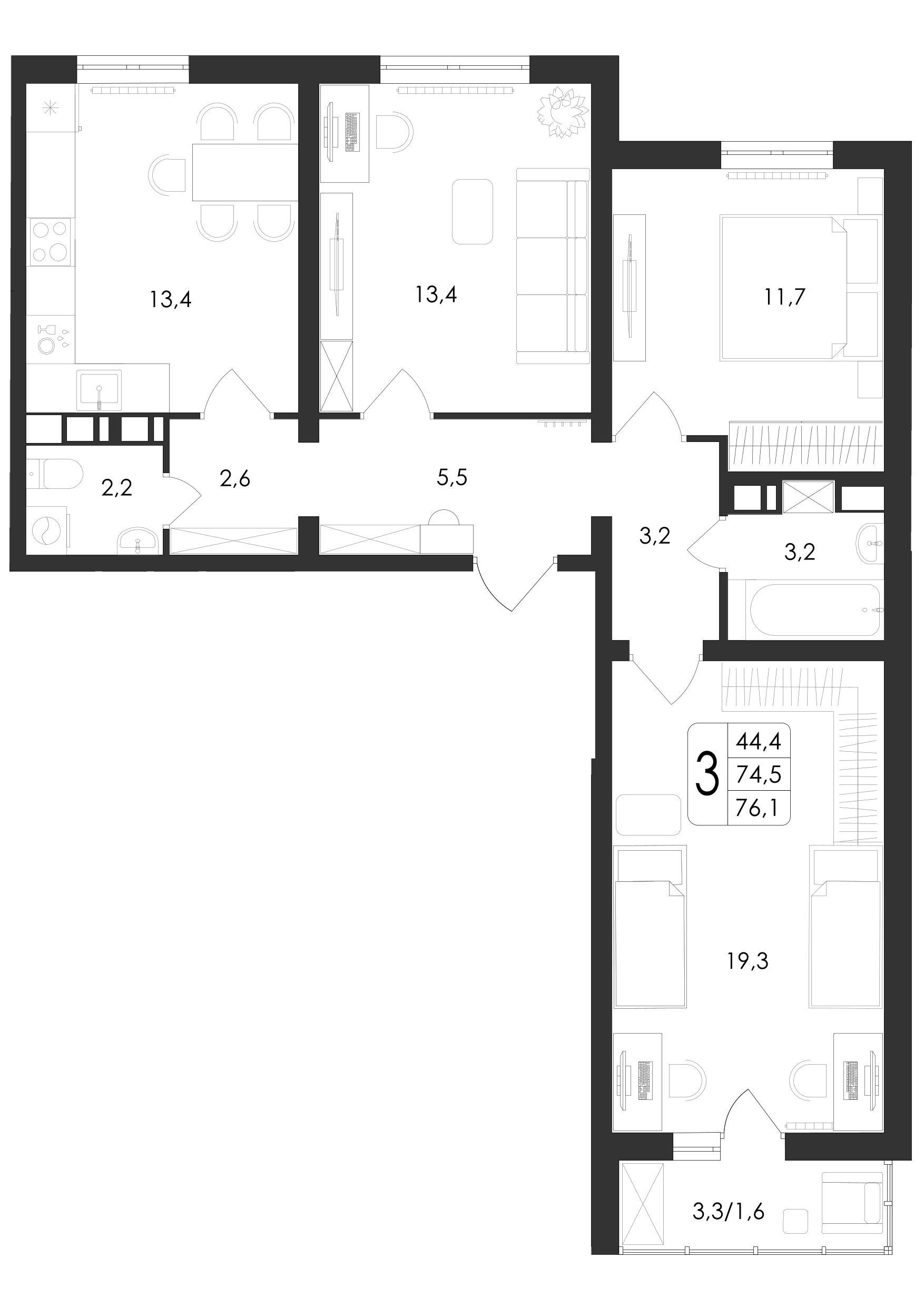 3-комнатная 76 м2 в ЖК Новое Отрадное корпус null этаж 10