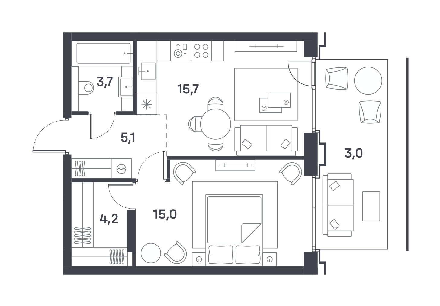 1-комнатная 44 м2 в ЖК Portland корпус null этаж 2