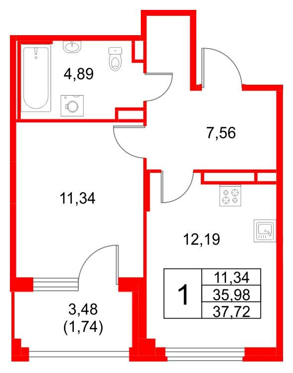 1-комнатная 37 м2 в ЖК Кронфорт. Центральный корпус null этаж 2