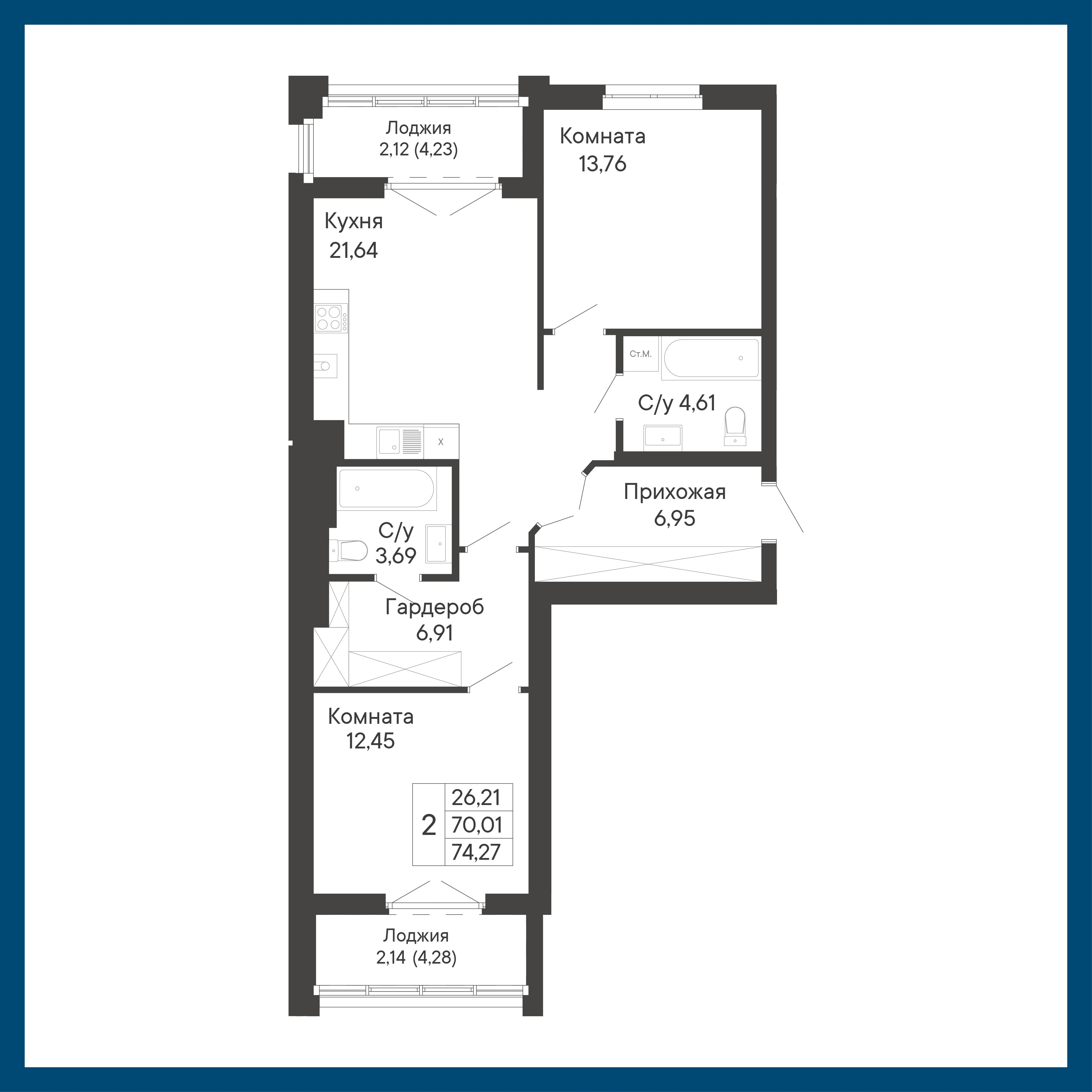 2-комнатная 74 м2 в ЖК Курортный квартал «Ривьера» корпус null этаж 1