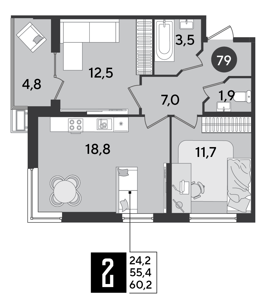 2-комнатная 60 м2 в ЖК Парк Победы 2 корпус null этаж 2