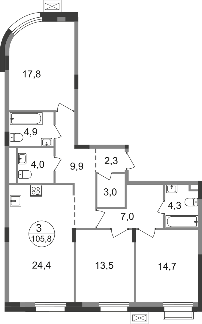3-комнатная 105 м2 в ЖК Резиденции Сколково корпус null этаж 3