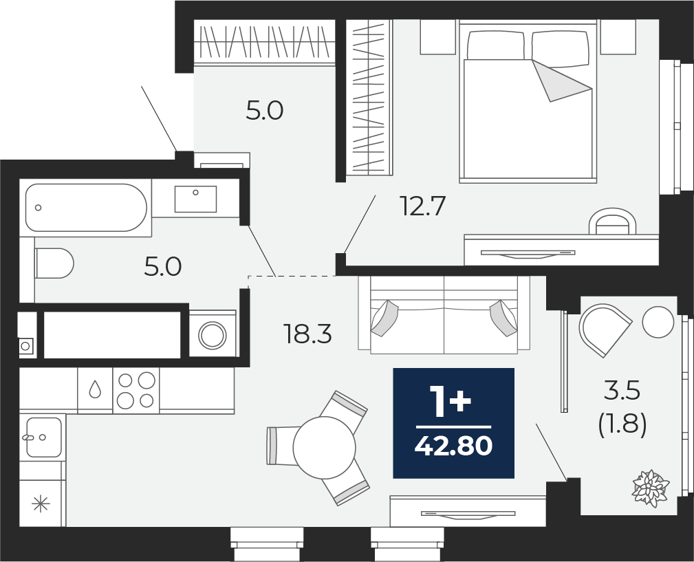 1-комнатная 41 м2 в ЖК Мириады корпус null этаж 3
