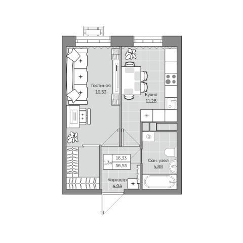 1-комнатная 36 м2 в ЖК Станция Спортивная корпус null этаж 3